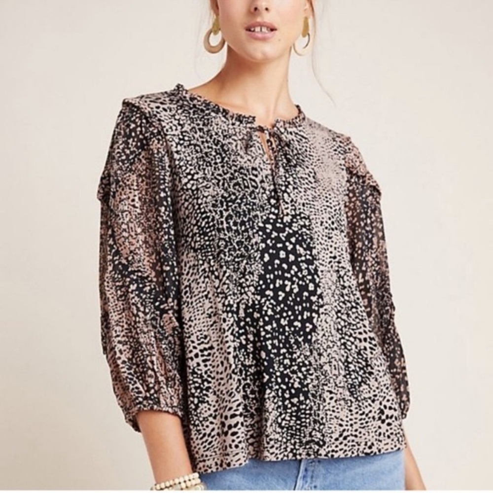 Anthropologie Maeve Jacquin Peasant Leopard Print Ruffle Sleeve Blouse Size XS
